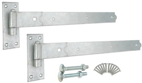 Kit de fixation de porte en acier galvanisé robuste de 630 mm avec crochet droit et charnières à bande – Idéal pour les portes de garage en bois et les portails de jardin
