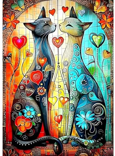 DPHERO DIY Cartoon-Katze Diamant Painting Kits Bilder für Erwachsene Anfänger,5D Liebespaar Diamond Painting Set,DIY Runde Steine Abstrakt Diamant Kunst Kits, Diamond Art für Zuhause Dekor 30x40 cm