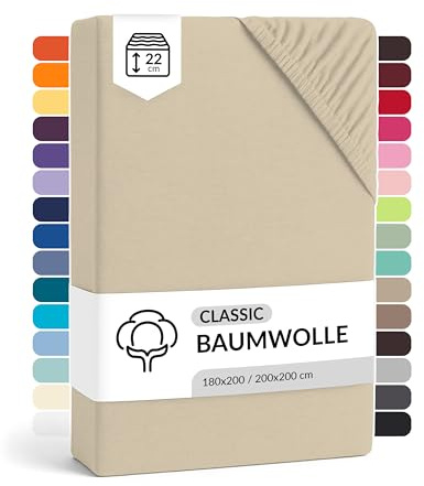 LARAWELL Spannbettlaken 180x200cm Baumwolle, bis 200x200, beige, Spannbetttuch Jersey (gekämmt), Matratzenhöhe bis 22 cm, bügelfrei, atmungsaktiv, formstabil