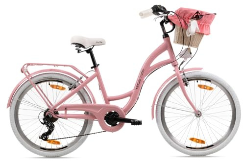 Goetze Mood 24 | 14 Zoll Kinderfahrrad, Tiefeinsteiger Aluminiumrahmen, 6-Gang Kettenschaltung mit V-Bremsen, LED-Beleuchtung, Gepäckträger, Rattankorb, Komfortsattel & Klingel!