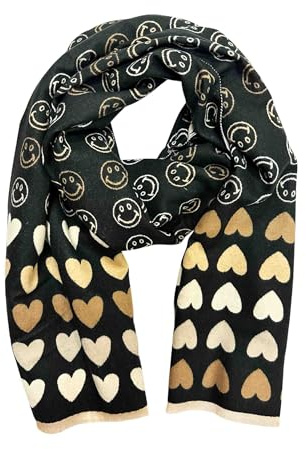 Jeamis XXL Smiley Love Herz Muster Wendeschal Strickschal Warmer Winter Schal Fashion Tuch Herbst Frühling Stola Wolle mit Fransen Smile