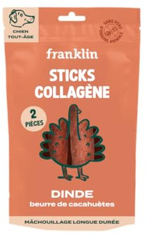 FRANKLIN – Stick Collagène Chien – Bâtonnet Dinde et Beurre de Cacahuète – Soutien Mobilité et Articulation – Mastication Longue Durée – 80 g