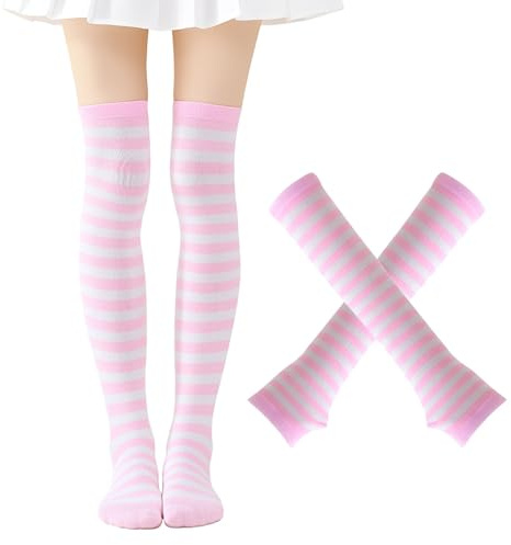 ZoeyShine Striped Thigh High Socks and Gloves Set for Girls – Soft, Comfortable, and Stylish Hosiery for Daily Wear, Cosplay, and Party Looks