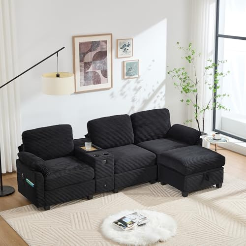 NADEUSAK Grande divano in velluto a coste nero, 140 x 270 cm, con schiuma confortevole, console centrale rimovibile (2 supporti per coppe + spazio di archiviazione), tasca laterale, cassetto