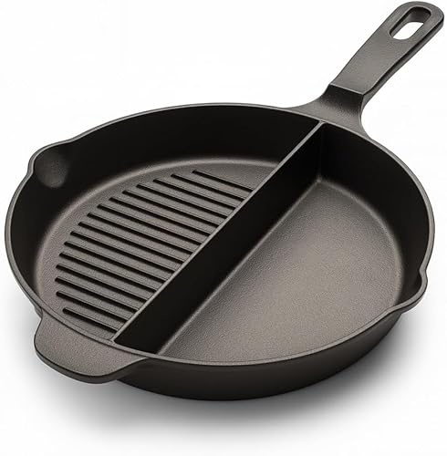 Artisan Fire 10 Inch Cast Iron Skillet-Breakfast Fry Pan-Divided 2 in 1 Half Grill-Eggs, Bacon, Steak-Heavy Duty Cast Iron Skillet