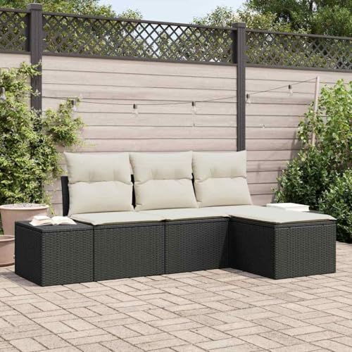 Runheo Garten Loungesofa Set Schwarz aus Poly Rattan, 4-teilig mit Kissen, UV-beständig, wetterfest, modulares Design für Terrasse, Balkon, Outdoor-Bereich, einfache Pflege