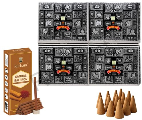 Satya Superhit Dhoop Cones with Stand, 4 Packs x 12 (48 Cones Total) + Rushant Sandal Saffron Dhoop Sticks (10) – Incense Set for Relaxation & Meditation