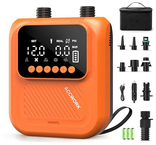 Pompa SUP Ricaricabile 20 Psi | Arresto Automatico, Gonfiare/Sgonfiare Pompa Batteria Elettrico Gonfiatore Materassi Gonfiabili, 7 Ugelli Per Sup, Canoa, Barca, Tenda, Kayak Gonfiabil
