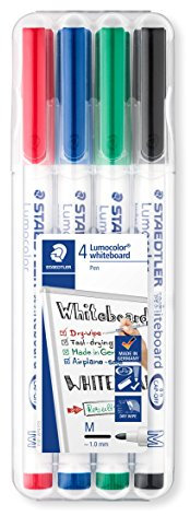 STAEDTLER Whiteboard pen Lumocolor, Rundspitze ca. 1 mm Linienbreite, trocken und rückstandsfrei abwischbar von Whiteboards, hohe Qualität Made in Germany, Set mit 4 brillanten Farben, 301 WP4