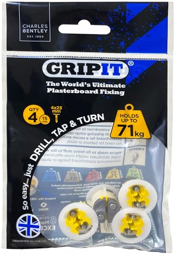 GripIt Gelb 15 mm Gipskarton-Befestigungen für Ständerwände – Maximale Belastung 71 kg (4 Stück) | Robuste Wandbefestigungen, Gipskartondübel, ideal für Jalousien, Vorhänge, Spiegel und Rahmen, einfache Installation