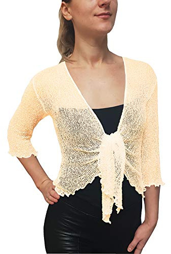 Mimosa Dambolero i virkat glitter eller i vanlig stretchspets, fisknät, baliknut i midjan, öppen cardigan, Grädde, One Size (Stor)