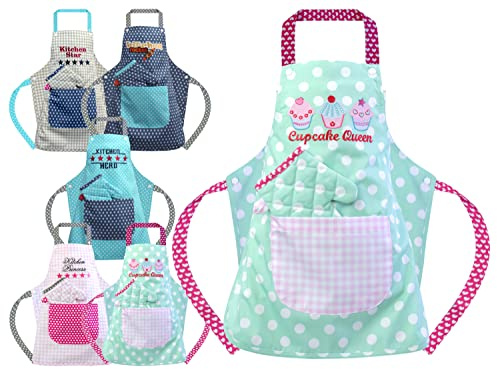 Emily's Check Kinder-Schürzen-Set – Küchenschürze & Topfhandschuh oder Kochmütze für Kinder