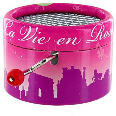 Runde Spieluhr/Spieldose/Musikdose aus Pappe mit Handkurbel und 18-Ton-Spielwerk - Thema: Stadt Paris - La vie en rose (Louiguy/Edith Piaf).