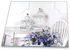 Herdabdeckplatte Abdeckung Ceranfeld Abdeckplatte Schneidebrett 1-Teilig 60x52 Provence Blau Spritzschutz Glasplatte Ceranfeldabdeckung Schutz Kochplatten Herdschutz Sicherheitsglas Glasschneidebrett