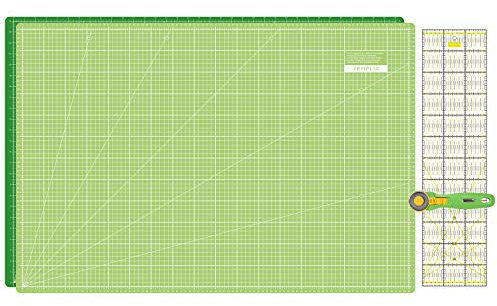 SEMPLIX Schneidematte A1 90x60 cm Set mit Rollschneider und Patchwork Lineal (hellgrün/grün)