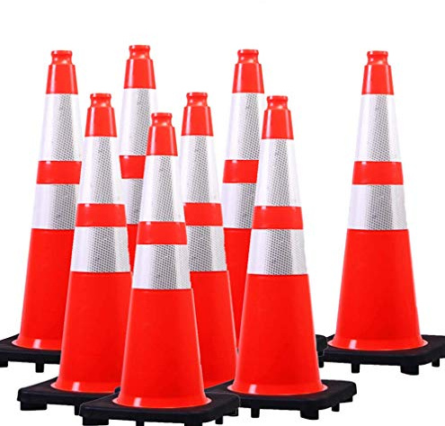 (8 Cones) BESEA 28” inch Orange PVC Traffic Cones, Black Base Construction Safety Cones Road Parking Cone Structurally Stable Wearproof (28 Height)