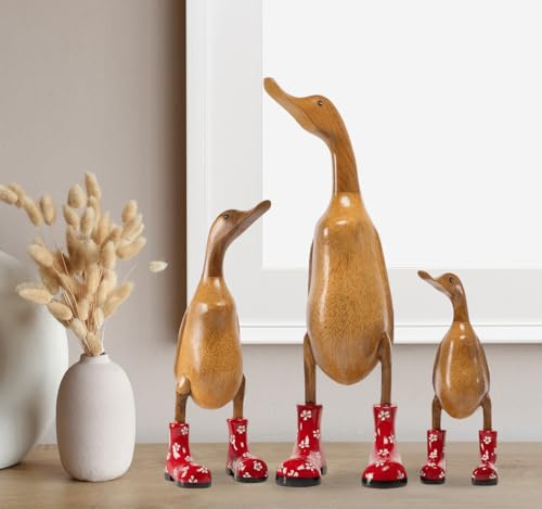 Rikmani - Figura di legno Anatra Stivali Rosso Fiorito - Fatto a mano in legno Decorazione Regalo Figurina 26 cm