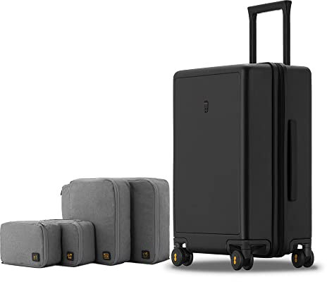 LEVEL8 Koffer Trolley Handgepäck mit Organizer Set 4-teilig, Leicht 100% PC TSA Zahlenschloss 8 Spinner Rollen Hartschalen Reisekoffer Rollkoffer Elegance Matte Design 20 Zoll (54,5CM,40L,Schwarz)