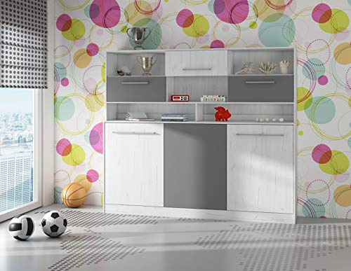 BIM Furniture Wandbett Horizontal Schrankbett Roger 90x200 cm Wandklappbett, Schrankklappbett, Schrank mit integriertem Klappbett, Funktionsbett (Craft Weiss/Graphit, Mit zusätzlichen Regalen)