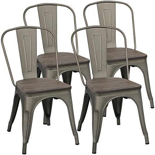 Yaheetech Metal Dining Chairs Set of 4, Industrial Stackable Kitchen Chairs with Wood Top Seat for Dining Room/Restaurant/Bistro/Patio, Indoor & Outdoor Use, Gun Metal