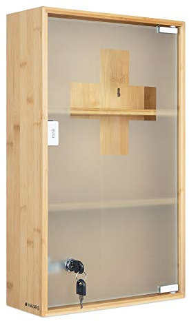 Navaris Medikamentenschrank abschließbar aus Bambus und Glas - Erste Hilfe Schrank Medizinschrank mit Schlüssel - Apothekerschrank kindersicher