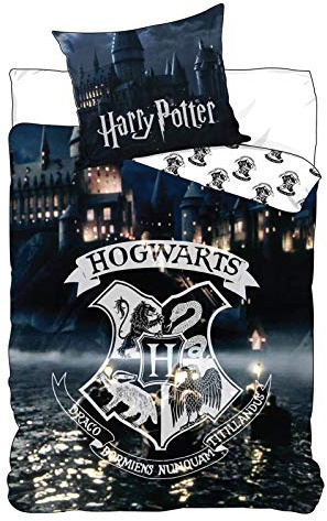 Harry Potter, set di biancheria da letto double-face, 2 pezzi, 135 x 200 cm, 80 x 80 cm, 100% cotone, linon, Hogwarts, Glow in The Dark