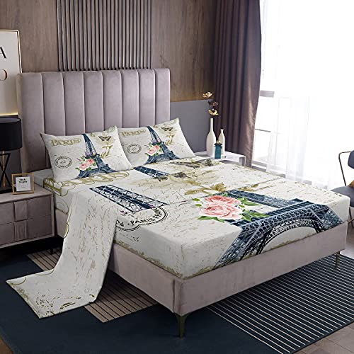Set di biancheria da letto con lenzuolo con angoli della Torre Eiffel di Parigi, per bambini, ragazzi e ragazze, parigi paesaggio urbano, set di biancheria da letto king size, 4 pezzi