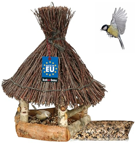 KOTARBAU® Mangiatoia Uccelli da Esterno - Legno e Vimini - 37.5x29x26cm - Naturale Marrone - Casetta Con Tetto In Vimini - Cibo Uccelli Selvatici 0.5kg - Mangiatoia in Legno - Decorazione Da Giardino