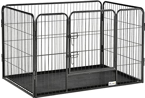 PawHut Box per Cani Recinzione in Metallo per Animali con 4 Pannelli, Porta con Doppio Blocco e Vassoio sul Fondo, 109x74x71cm, Grigio