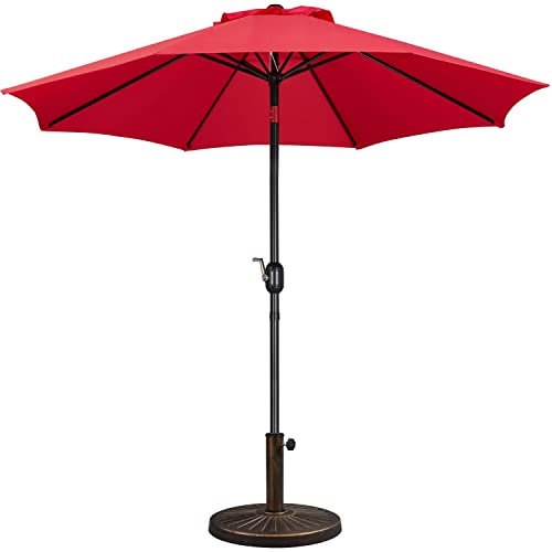 Yaheetech 2.7m Garden Parasol Umbrella Patio Table Umbrella Outdoor Tilting Crank & Handle Parasol with 10kg Resin Base Stand - Red