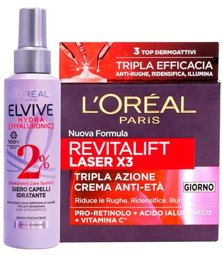 L'Oréal Paris Revitalift Crema Giorno Laser Viso Anti-Età Rassodante con Pro-Retinolo e Vitamina C 50ml + Elvive Hydra Hyaluronic Siero Capelli Idratante Senza Risciacquo con Acido Ialuronico 150ml