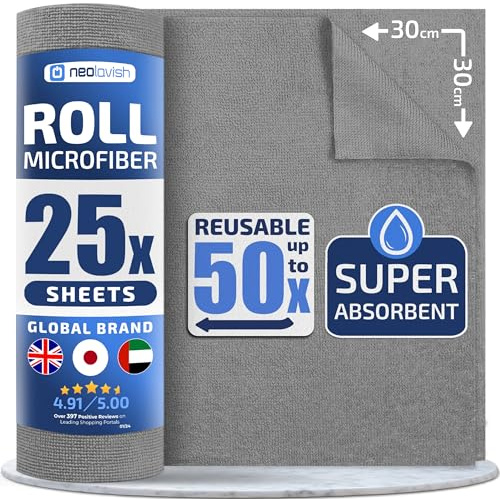NeoLavish® Microfibre Cloth Roll | 25 Resuable Tear N’ Wipe Kitchen Sheets | 30x30cm Cloths | Lint-free | Upto 50x Washable | All-Purpose & Surface | Dish Cloth | Home, Office, Screen, Car, Grey