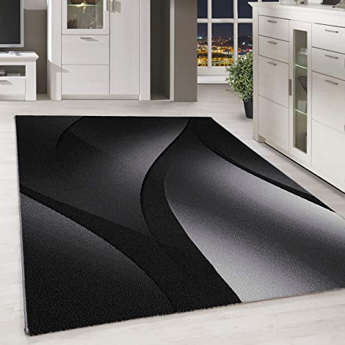 HomebyHome Teppich 280x370 cm Schwarz Kurzflor Abstrakt Wellen Design XXL Teppich für Wohnzimmer Schlafzimmer Flur Küche Esszimmer Kinderzimmer Pflegeleicht Weich