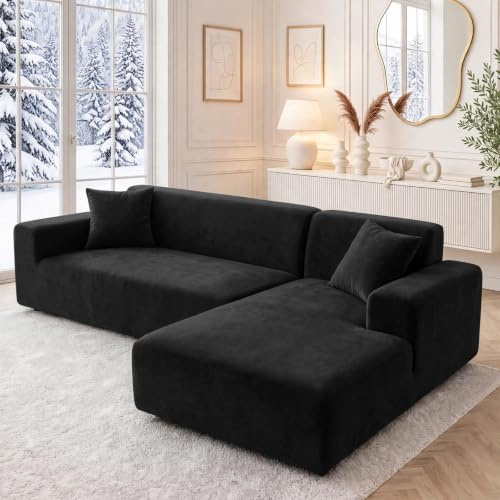 NAKIHOUSE Dicke Samt Sofa Überzug, Sofabezug mit einem Kissenbezug | Superweicher Elastische Rutschfester Couch Überzug für 1/2/3/4 Sitzer（L-förmiges Ecksofa erfordert Zwei),Schwarz