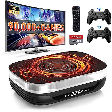 Kinhank Retro Games Console, Super Console X4 PLUS 90.000+ Classic Games, Plug and play Game Consoles, EmuELEC 4.5/Android 11/CoreELEC System in 1, 8K UHD Display, BT 4.0, with 2 Controllers, 256GB