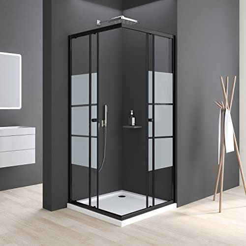Schwarze Duschkabine Schiebetür, Duschkabine 90x90cm Milchglas Duschkabine Eckeinstieg Schiebetür Duschabtrennung 6mm ESG Glas Duschtür Duschwand, Höhe 185cm, LINKS & RECHTS MONTIERBAR