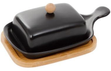 HOMLA Butterdose Butterbehälter FINCAN Keramik mit Bambussockel schwarz 22 cm