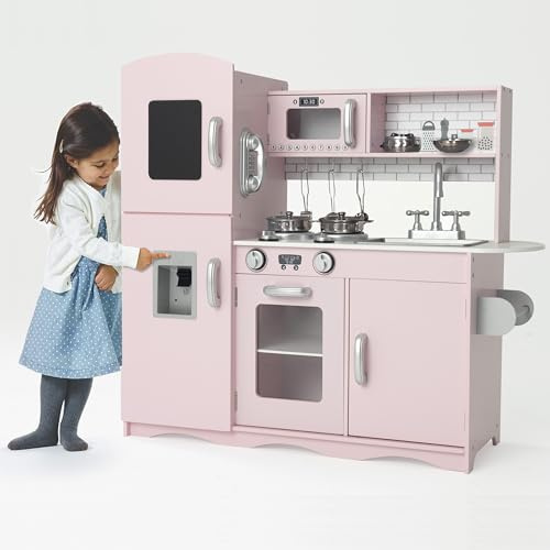 Kids Wooden Play Kitchen Boys Girls Pretend Toy with Sounds and Light, Pink | Cooking Role Play Toy, Large Size 91.5 x 85.5 x 30cm, with 5PCs Kids Cooking Utensils