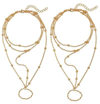 Danshinbow 1 Pair Einfache Perlen Fußkettchen Gold Barfuß Sandalen Knöchel Armband Fußschmuck mit Zehenring für Frauen und Mädchen (Gold)