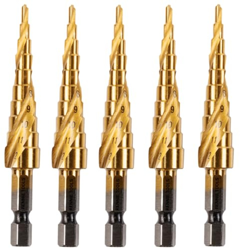 Rennie Tool 5pcs - 3-12mm Spiral Flute HSS Step Drill Bits Titanium Coated | Hex Shank. For Steel, Stainless Steel, Aluminium, Copper, Plastic, DIY. Cone Cutter Hole Cutter Drill Bits 3mm to 12mm
