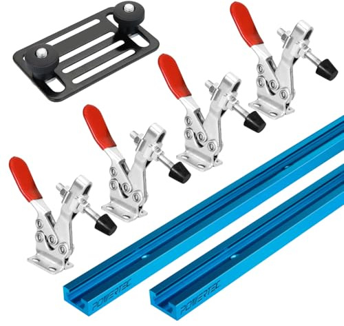 POWERTEC 72137 Doppelschnitt-Profil, Universal-T-Schiene, 2 Stück mit Knebelklemme, Montageplatte und 4 horizontalen Knebelklemmen, Holzbearbeitungsvorrichtungen und Befestigungen, Bohrmaschinentisch,