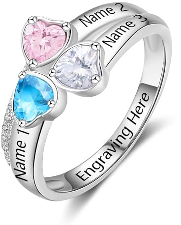 Amsgedhie Bague pour dames avec gravure argent 925 Bague personnalisée avec pierre précieuse et nom, cœur zirconia, bijoux pour dames, cadeau surprise (Argent-2)