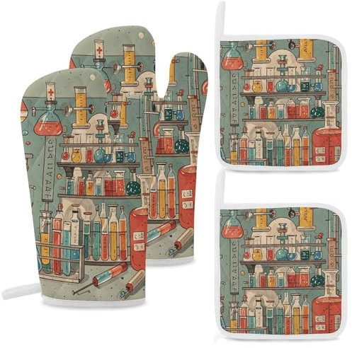 Ofenhandschuhe und Topflappen-Set, 4 Stück, hohe hitzebeständige Küchenhandschuhe und heiße Pads, Vintage-Stil, ästhetisches Wissenschafts-Werkzeug, Illustrationen, Ofenhandschuh-Set, rutschfest,