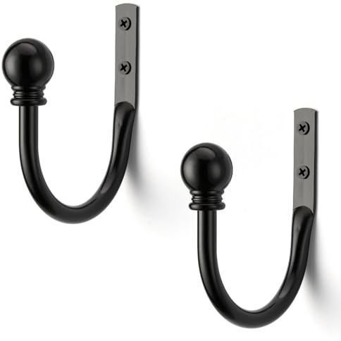 Black Curtain Hooks - 2 Pack, Curtain Tiebacks Wall Mounted; Metal Curtain Holdbacks with Ball Finials, Decorative Farmhouse Window Drapery Pull Back Hooks, Curtain Hardware Accessories