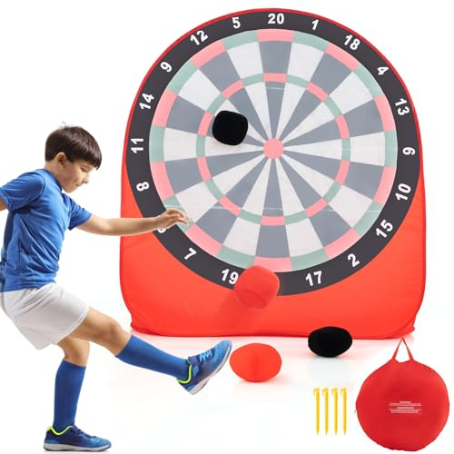 COSTWAY Großes Dartboard für Kinder, Dart Wurfspiel Set mit 4 Kickbällen & Tragetasche, Fußballdart für Garten, Familienspiel für Erwachsene und Kinder ab 6 (Rot + Schwarz + Weiß)