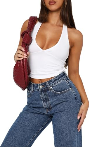 Neckholder Top Damen Sommerliches Slim-Fit-Tanktop Ärmelloses Rückenfreies Top mit Trägern Weiß-G1 M