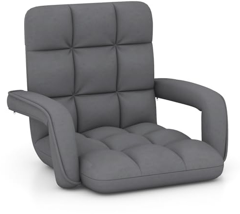 GOPLUS Bodenstuhl, gepolstertes Bodensofa mit Armlehnen & 6-Fach Verstellbarer Rückenlehne, Bodensessel mit Metallrahmen, Meditationsstuhl Lesesessel Loungesessel für Wohnzimmer, Grau