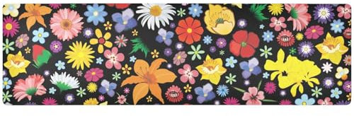 ZRWLUCKY Sottopentola in tessuto nero con fiori in fiore per piatti caldi, runner da tavola resistente al calore e runner da tavola da esterno, impermeabile, per piastra calda, 90 x 30 cm