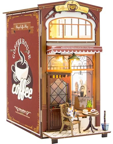 Inaepeak DIY Buch-Nook Café Haus - Miniatur Holzhaus Bausatz mit LED-Licht, 3D Puzzle Puppenhaus Deko für Erwachsene zum Basteln und als Bücherregal-Schmuck