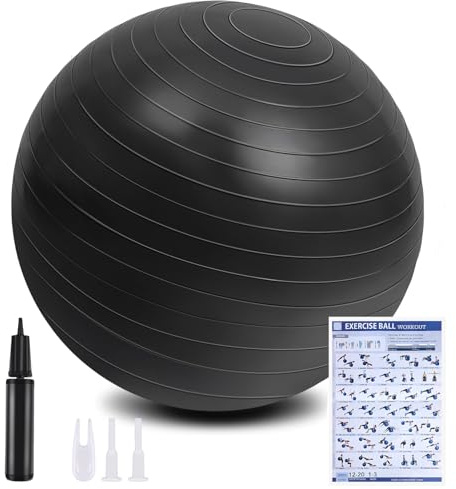 flintronic Ballon Fitness, Ballon Yoga Anti-Explosive Ultra-épaisse avec Pompe Pied Gonflable,Balle de Fitness pour Sport, Yoga, Pilates,Grossesse et l'accouchement Artificiel, Noir - 55CM